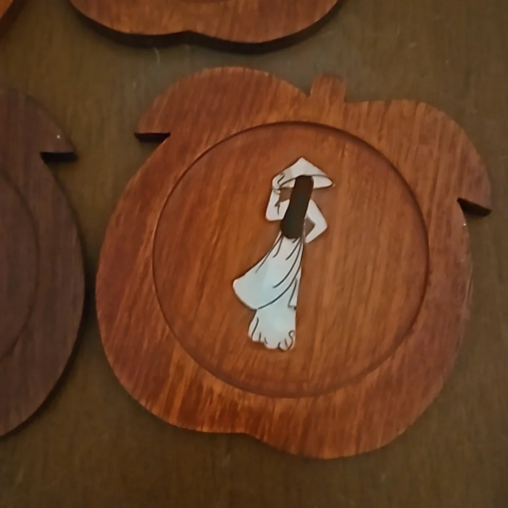 Vintage 1960s Set of Six Mother of Pearl Japanese Lady Floral Coaster Set